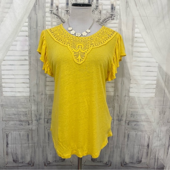 NEW Ralph Lauren Size Petite Lace Trim Top Solid Mustard Yellow Linen Blend - Picture 1 of 8